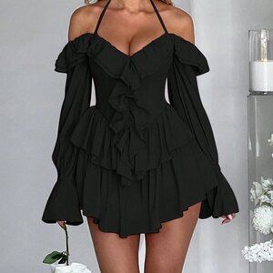 Black Boho Women's Ruffled Halter Bodycon Jumpsuit